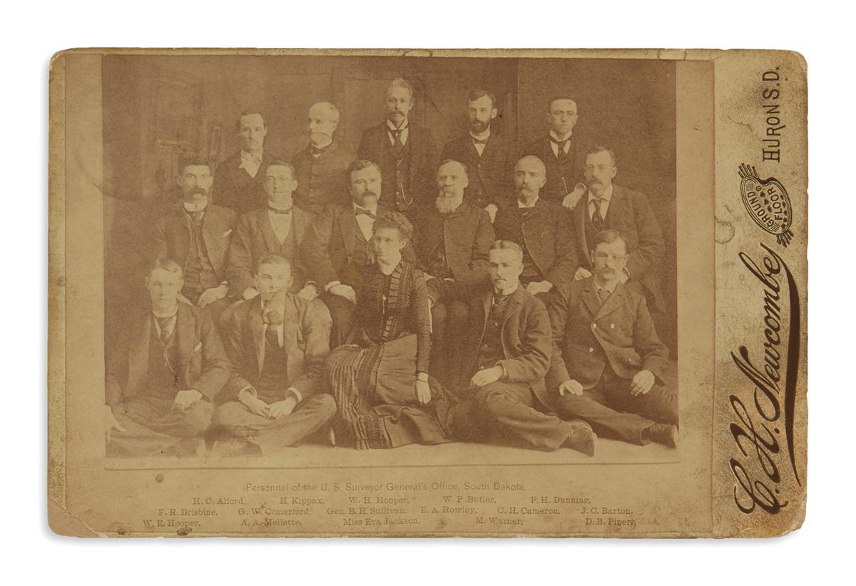 (WEST.) Newcombe, C.H. Cabinet card group portrait of the Surveyor Generals Office staff in South Dakota.